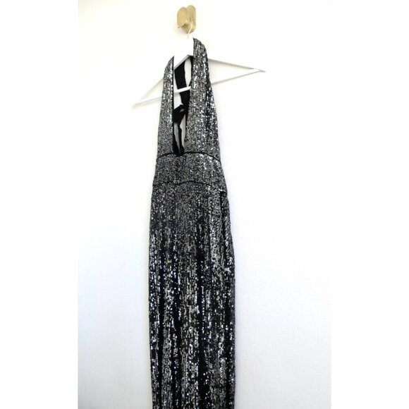NEW! Anthropologie Maeve Sequin Halter Jumpsuit Carbon Black Silver SZ 10 - Picture 9 of 14